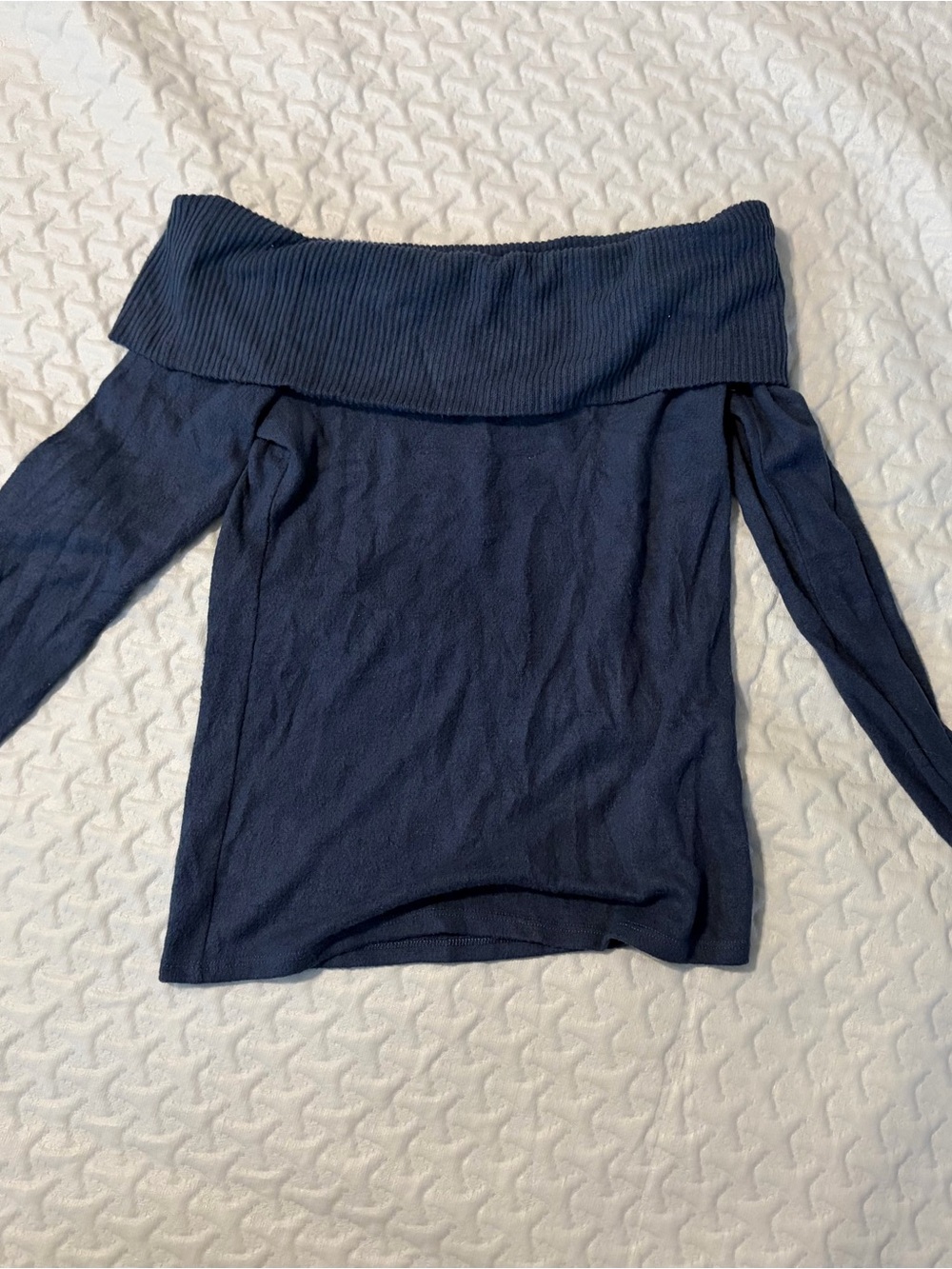 Express Off-the-Shoulder Navy Blue Fold-Over Sweater